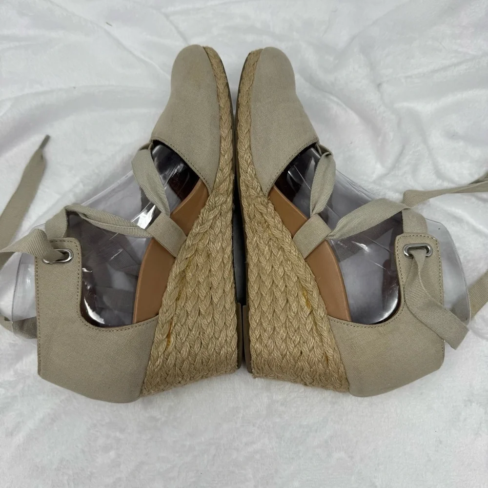 Vionic Kaitlyn Women's‎ Wedge Orthotic Sandal Oat Beige Canvas Size 8 Tie Strap